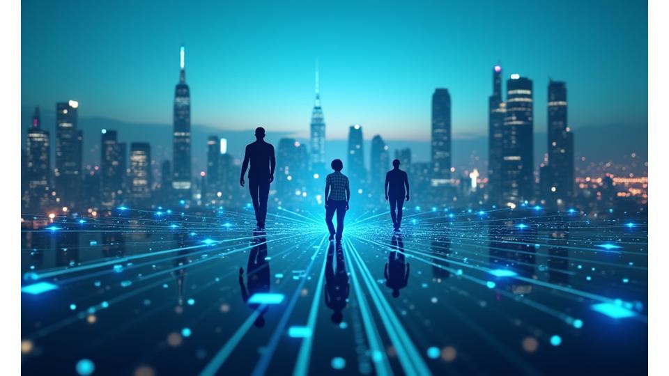 Abstract representation of AI network and human-robot collaboration over a city background.