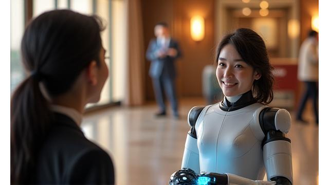 Friendly humanoid robot interacting with a hotel guest in a modern lobby