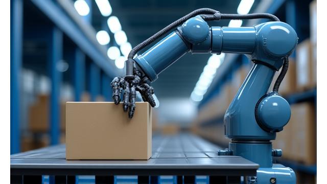 Robotic arm optimizing warehouse logistics, surrounded by boxes and conveyor belts