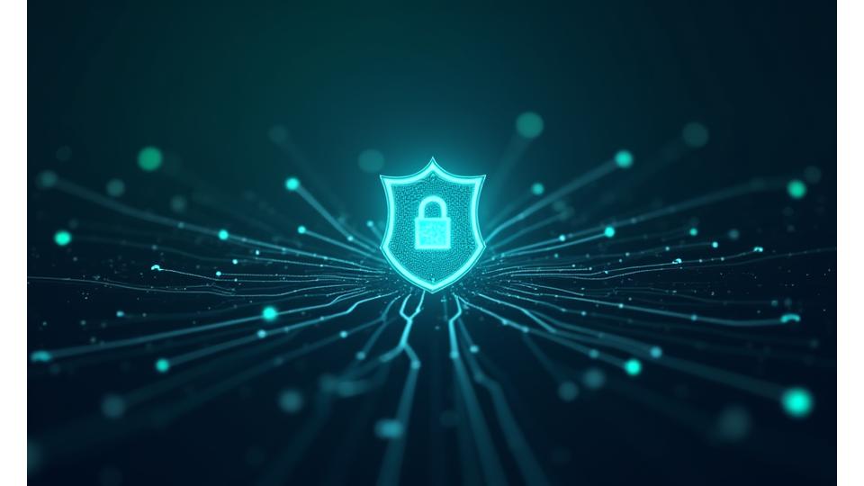 Abstract representation of a secure data network protecting information.