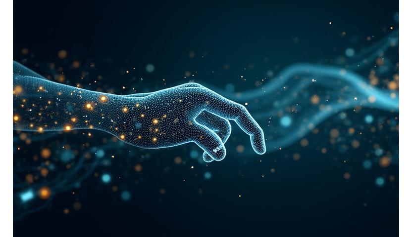 Abstract depiction of AI network connecting with robotics, representing complex technology and innovation.